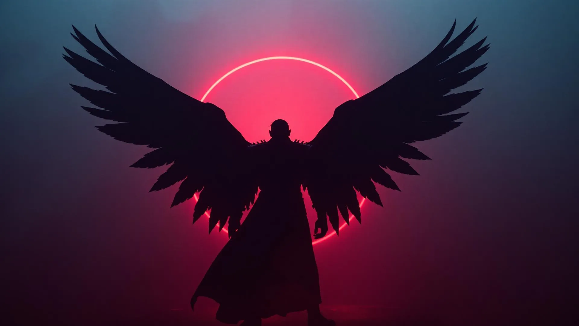 Fallen angel silhouette against a red halo